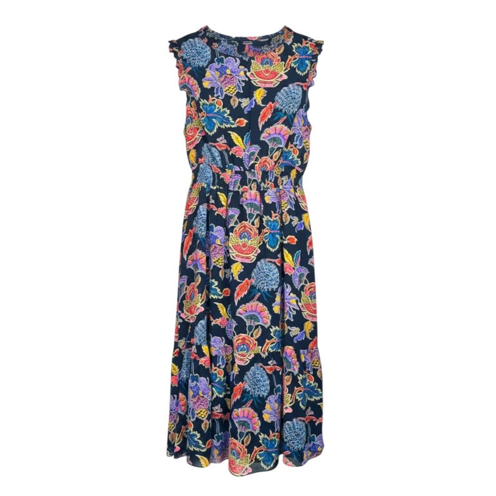 J.CREW Women's Size M Vibrant Multicolor Floral Smocked-Waist Midi Dress